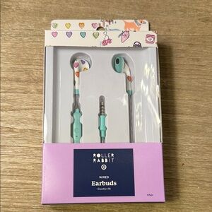 Roller Rabbit Mint Wired Earbuds with Multicolor Heart Print